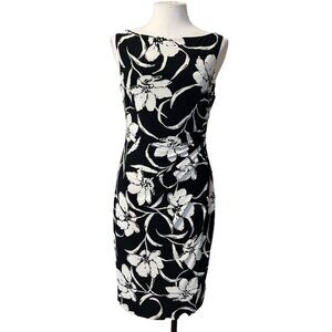 Ralph Lauren Dress 10 Ivory Black Floral Sleeveless Washable Career Church